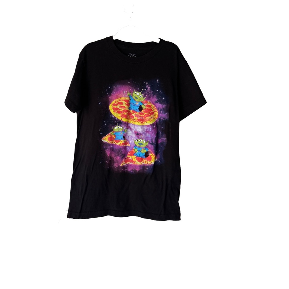 Disney Black Short Sleeve Tee with Vibrant Pizza and Alien Graphic